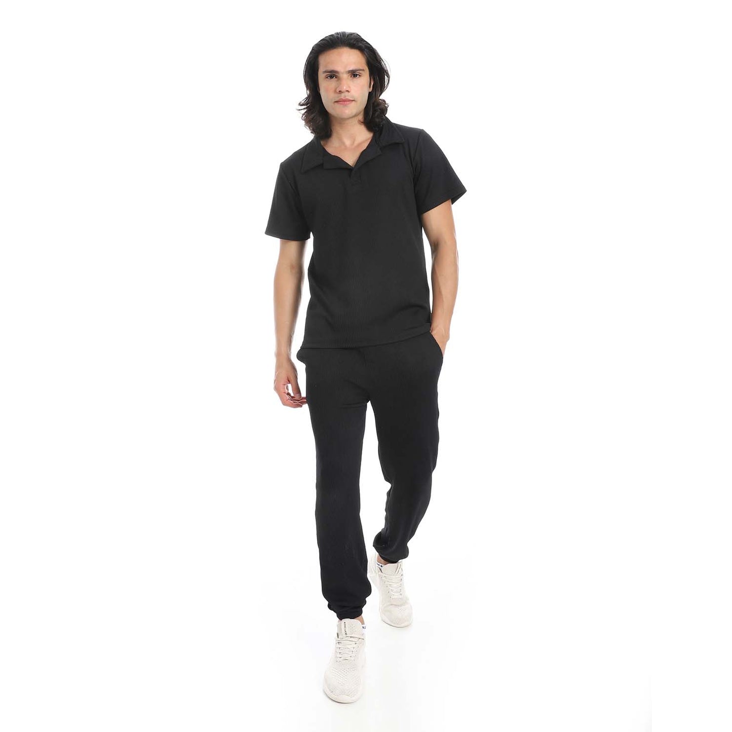 Casual Ribbed Polo Shirt & Pants Set
