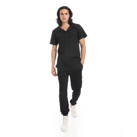 Casual Ribbed Polo Shirt & Pants Set