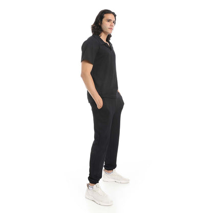 Casual Ribbed Polo Shirt & Pants Set