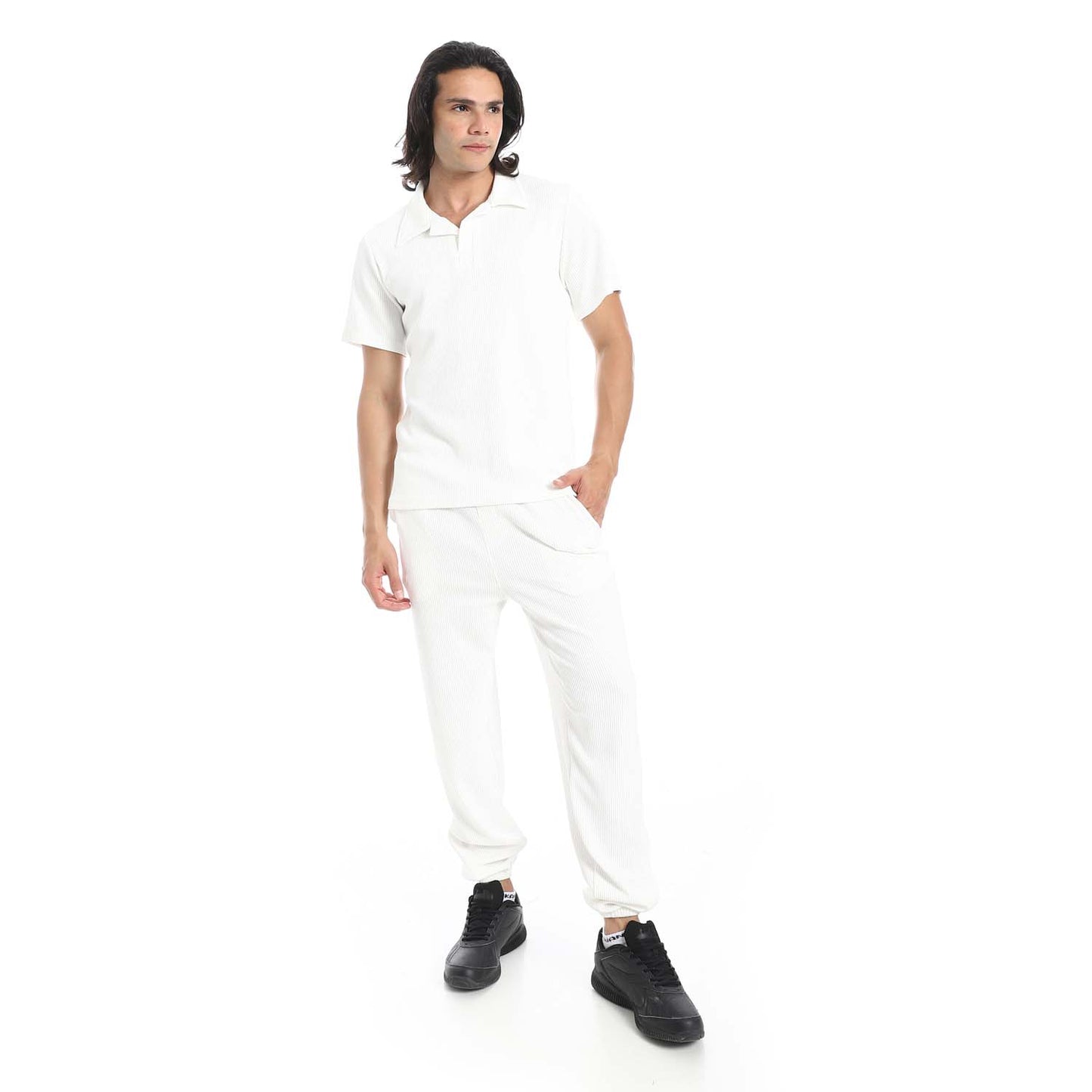 Casual Ribbed Polo Shirt & Pants Set