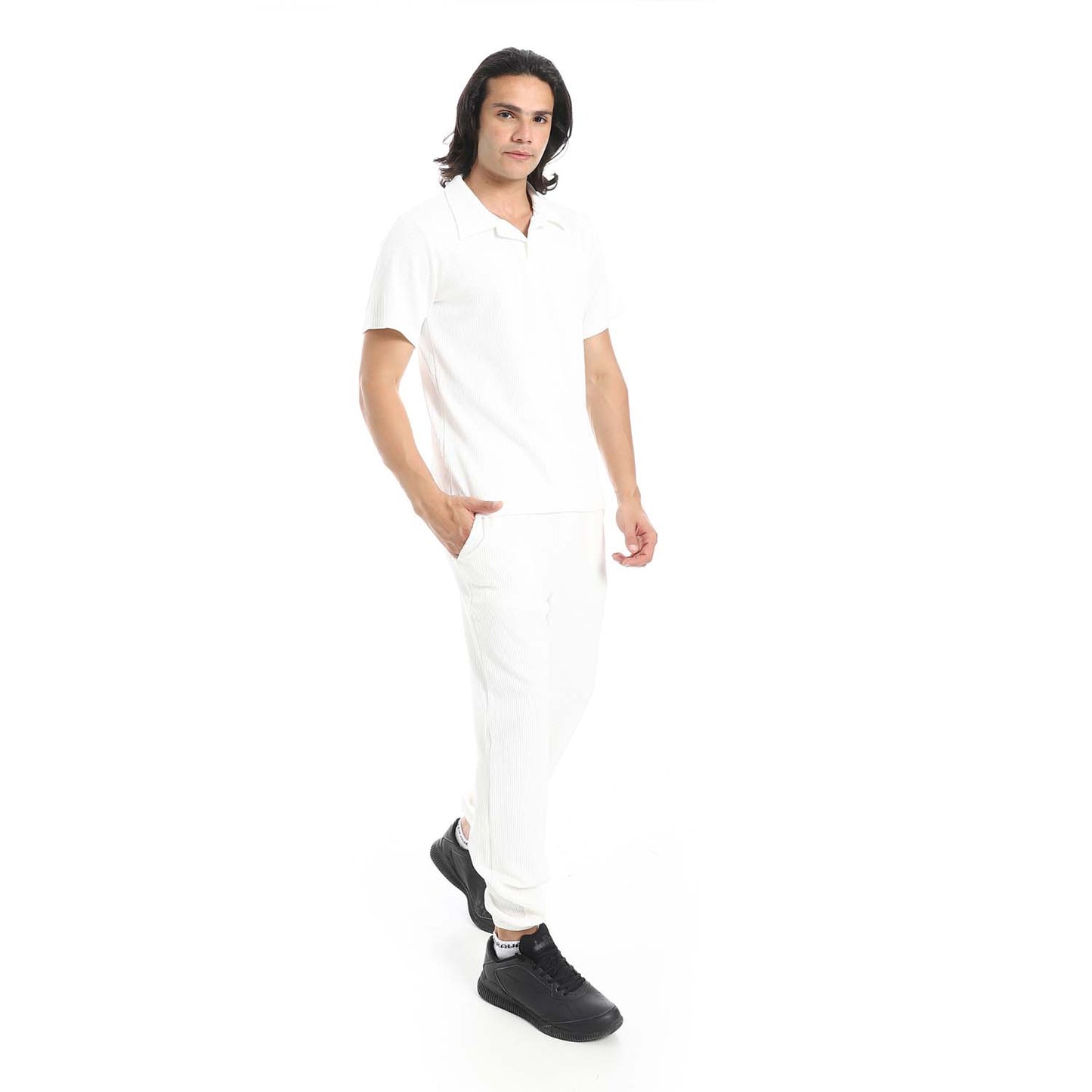 Casual Ribbed Polo Shirt & Pants Set