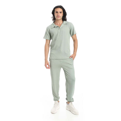 Casual Ribbed Polo Shirt & Pants Set