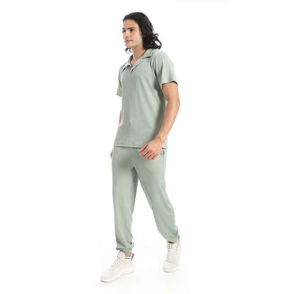 Casual Ribbed Polo Shirt & Pants Set