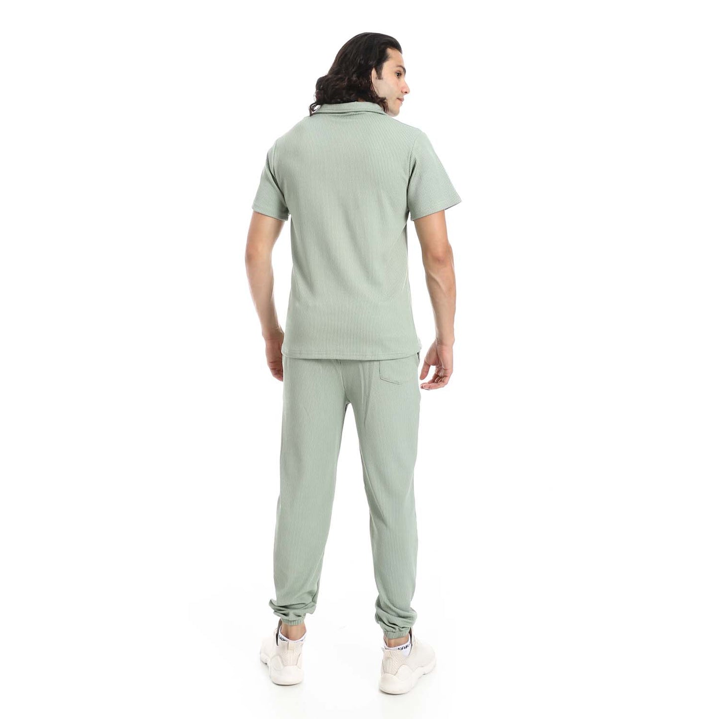 Casual Ribbed Polo Shirt & Pants Set