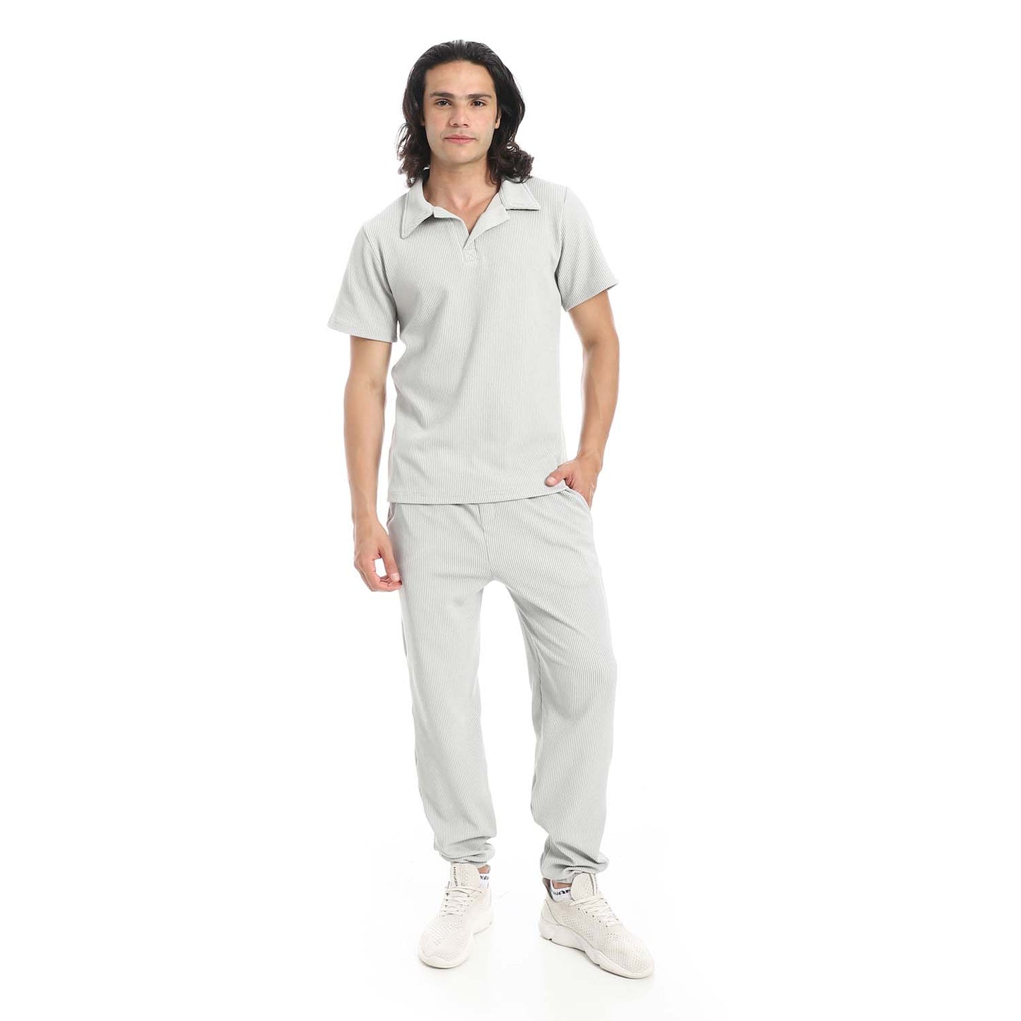 Casual Ribbed Polo Shirt & Pants Set