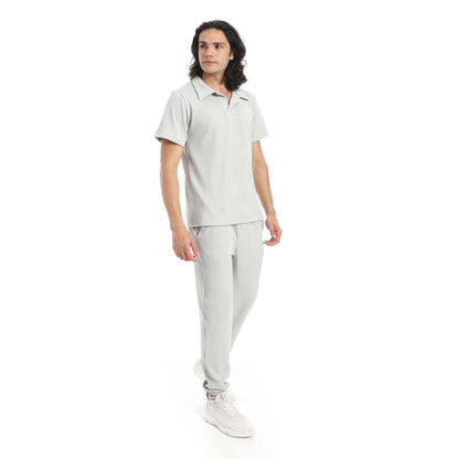 Casual Ribbed Polo Shirt & Pants Set
