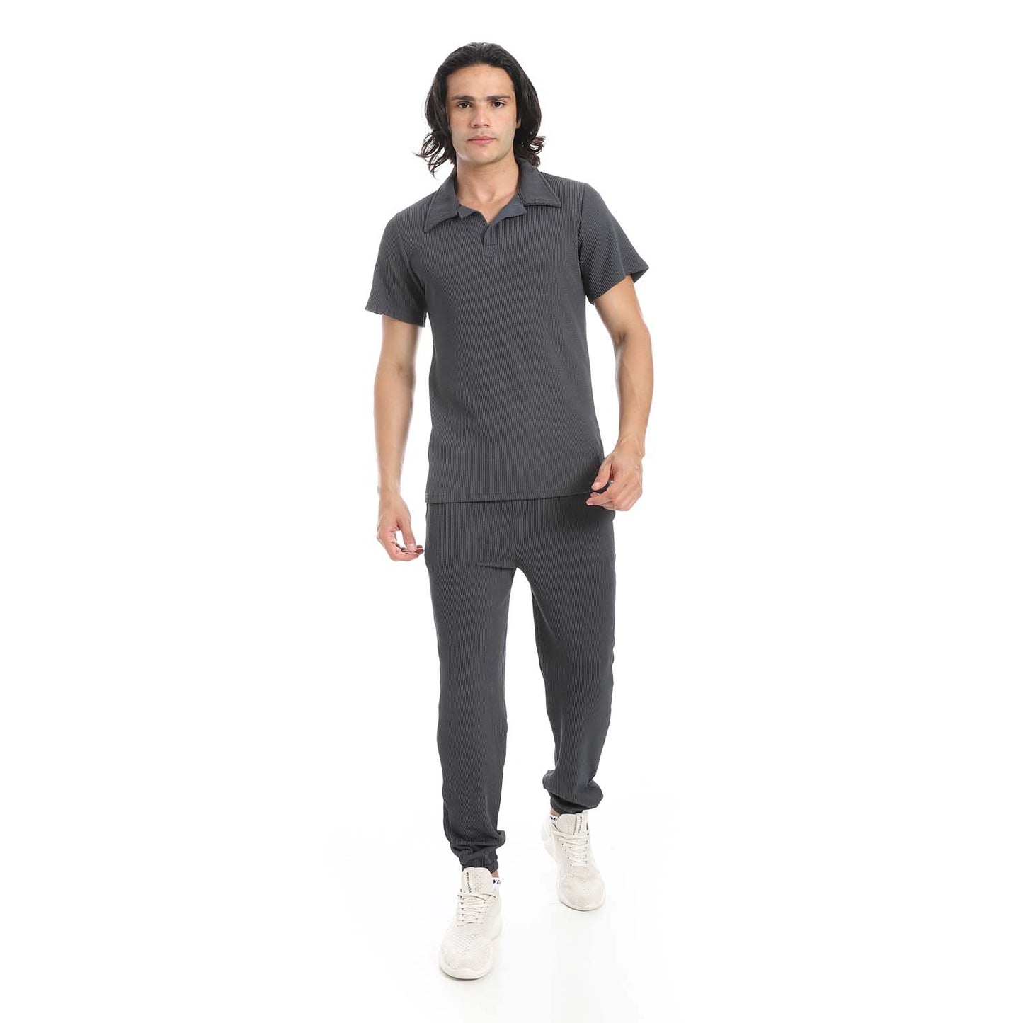 Casual Ribbed Polo Shirt & Pants Set