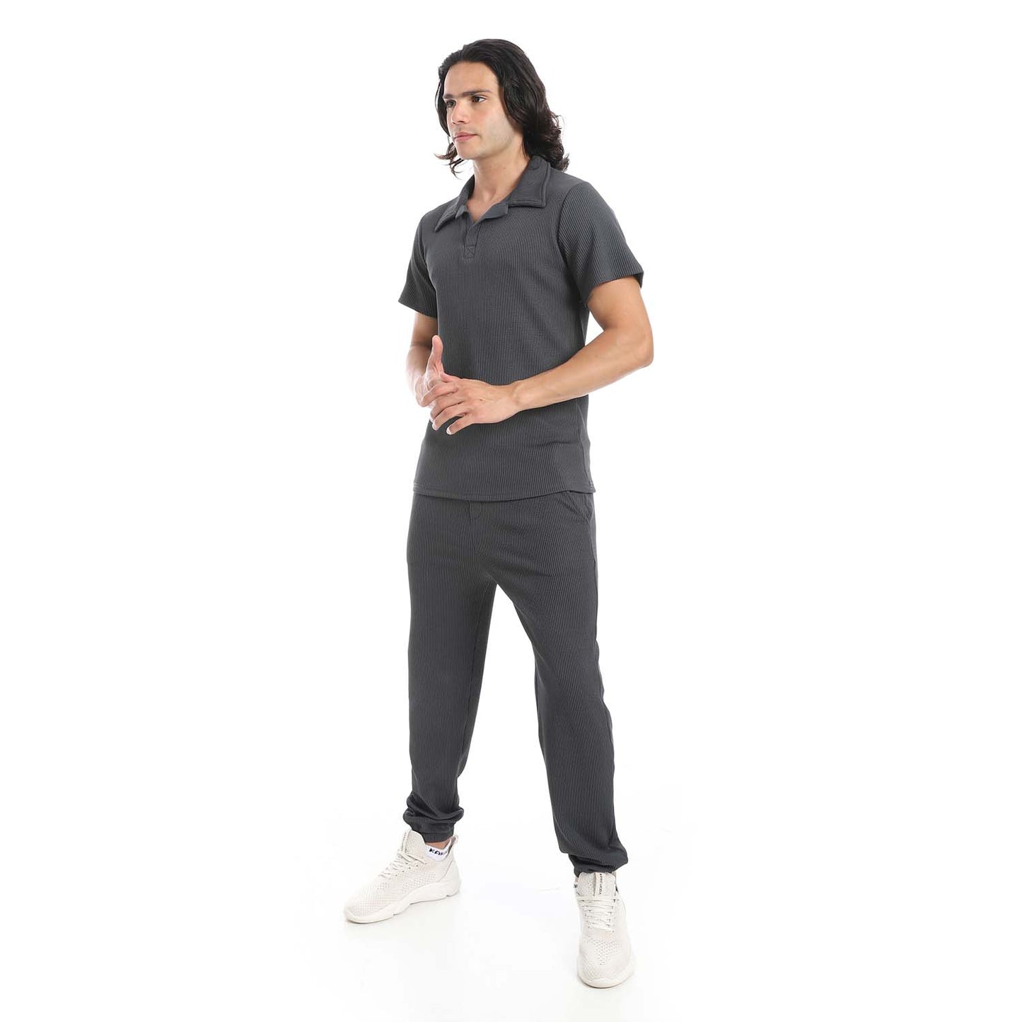 Casual Ribbed Polo Shirt & Pants Set