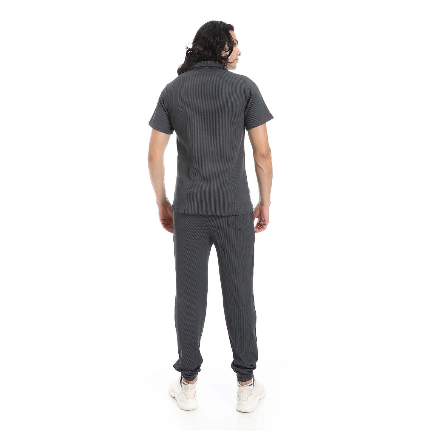 Casual Ribbed Polo Shirt & Pants Set