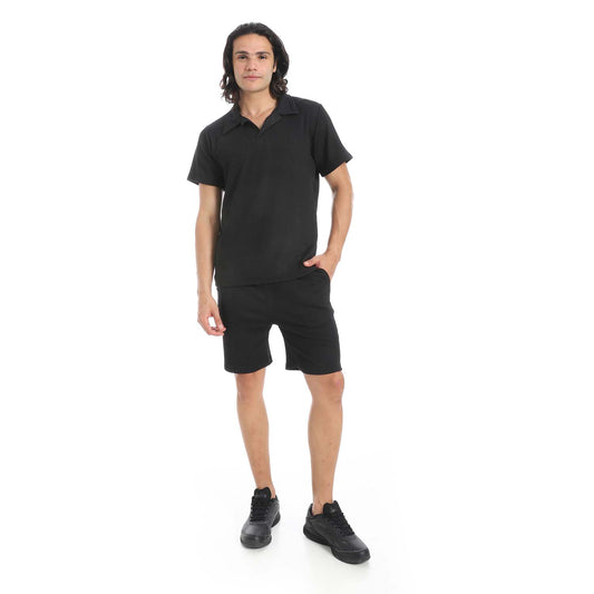 Casual Ribbed Polo Shirt & Short Set