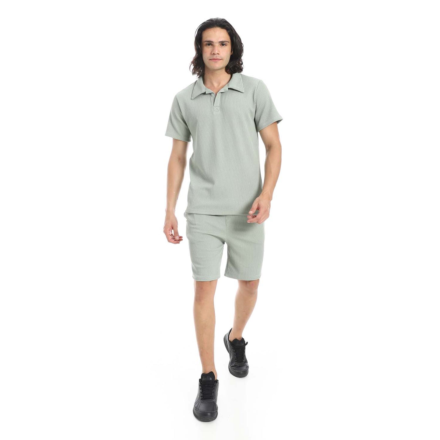 Casual Ribbed Polo Shirt & Short Set