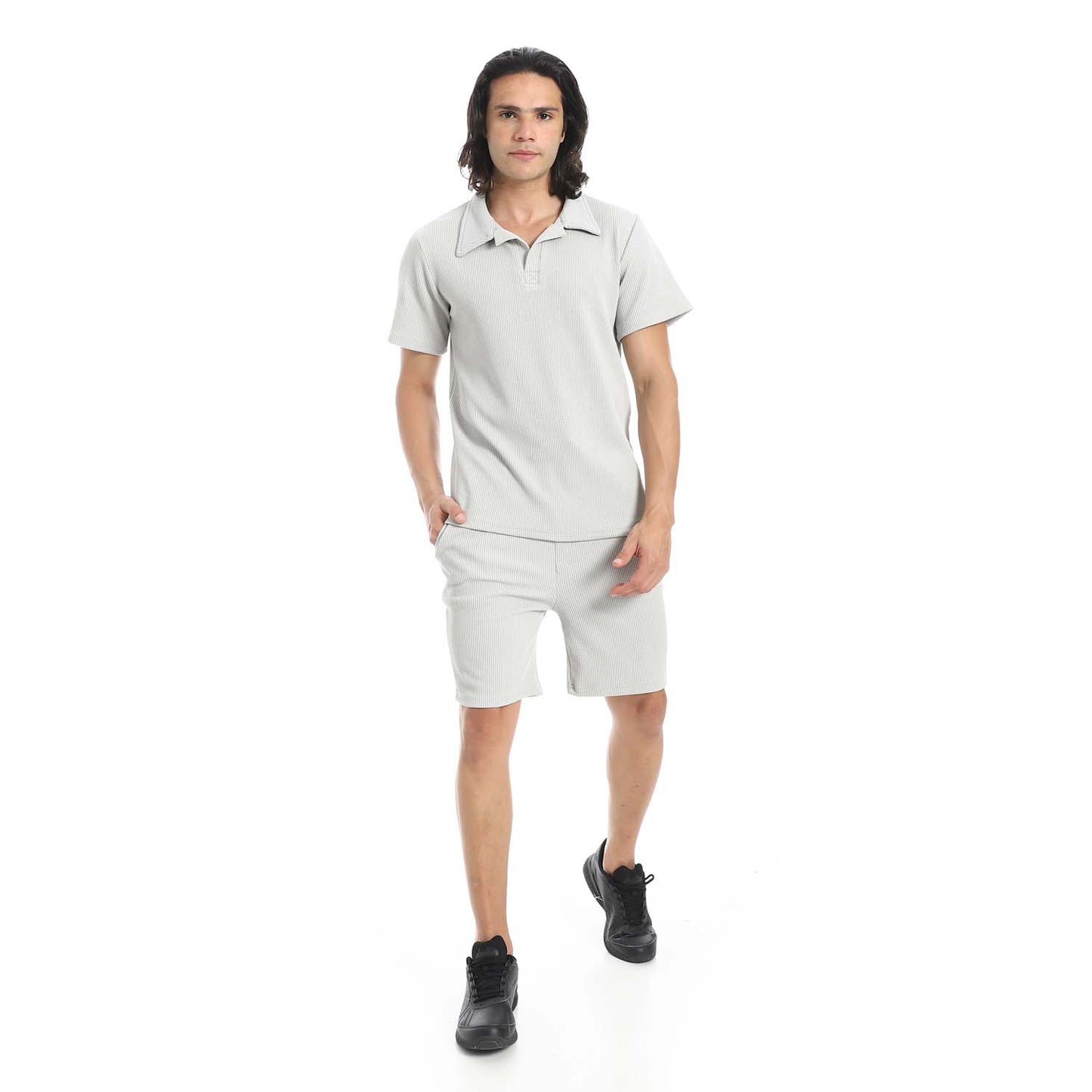 Casual Ribbed Polo Shirt & Short Set