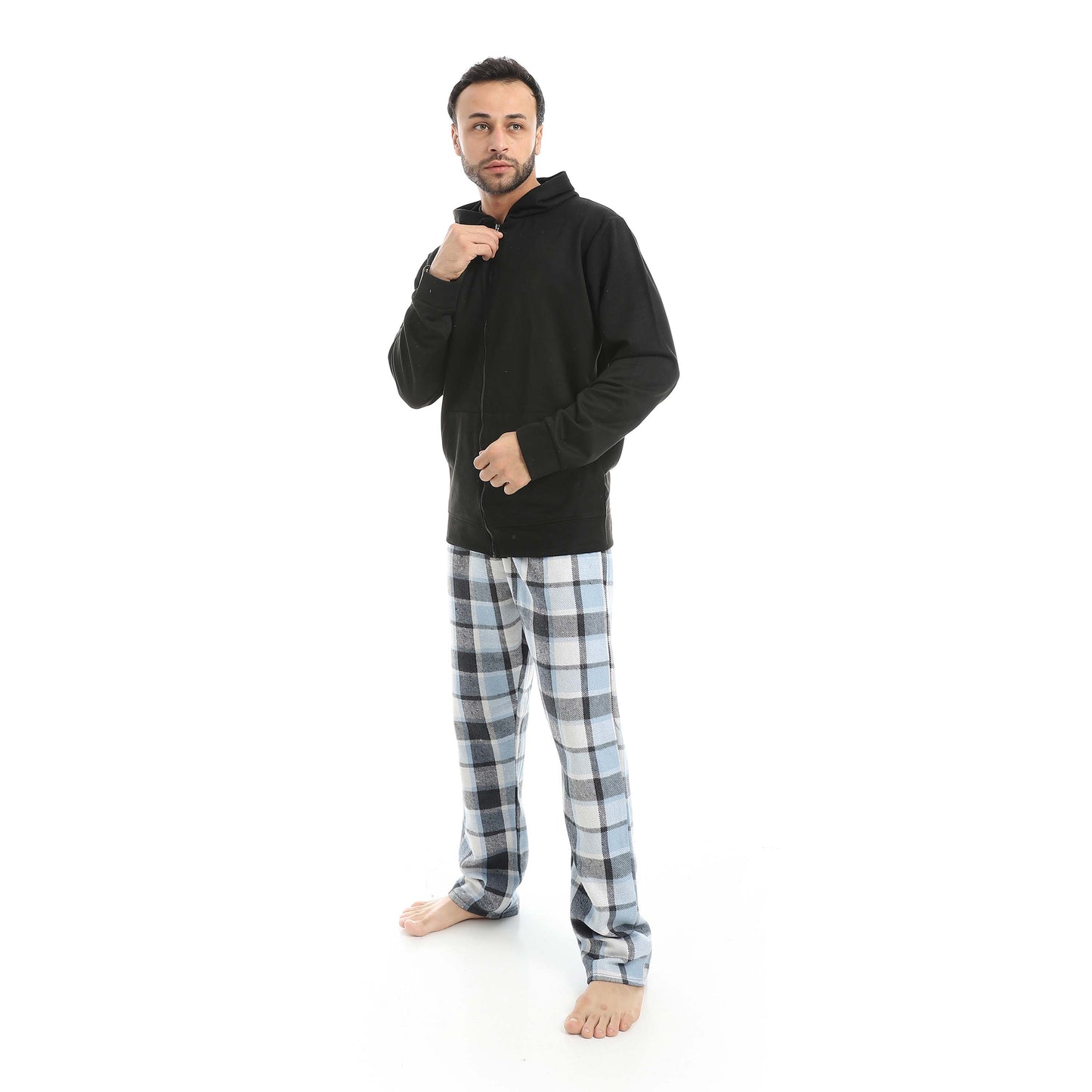 Zipper Hoodie Pajama with Checkered Pants