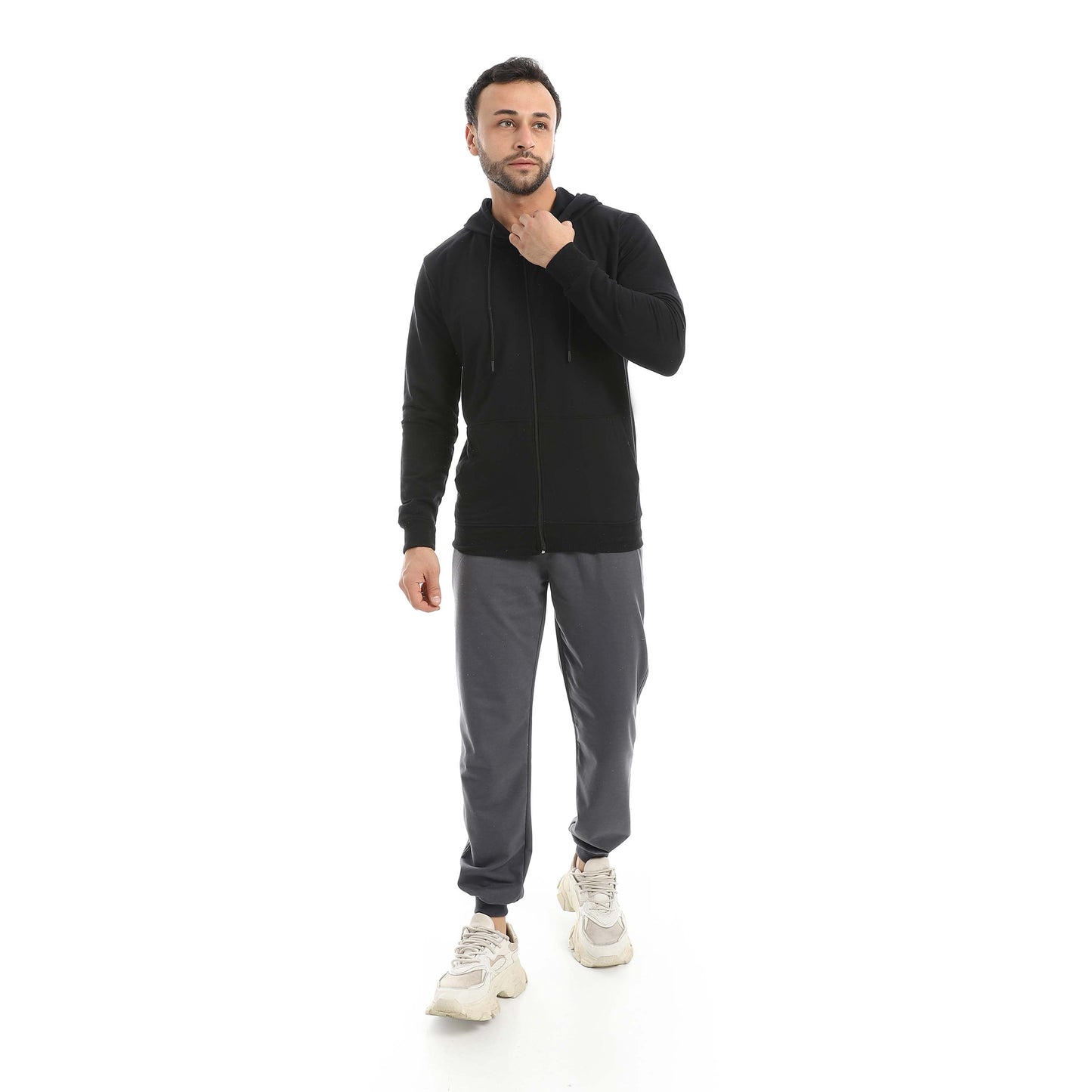 Black Casual Set of Zip-up Hoodie & Jogger
