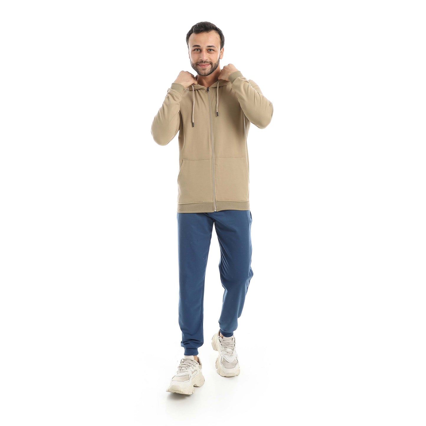 Beige Casual Set of Zip-up Hoodie & Jogger