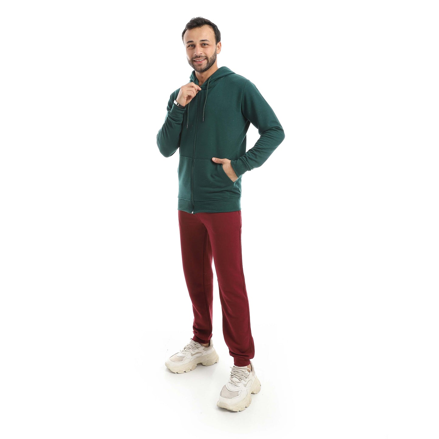 Teal Green Casual Set of Zip-up Hoodie & Jogger