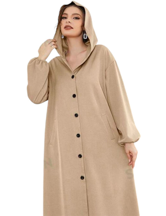 Beige Chamois Fleece Hooded Knee-Length Jacket