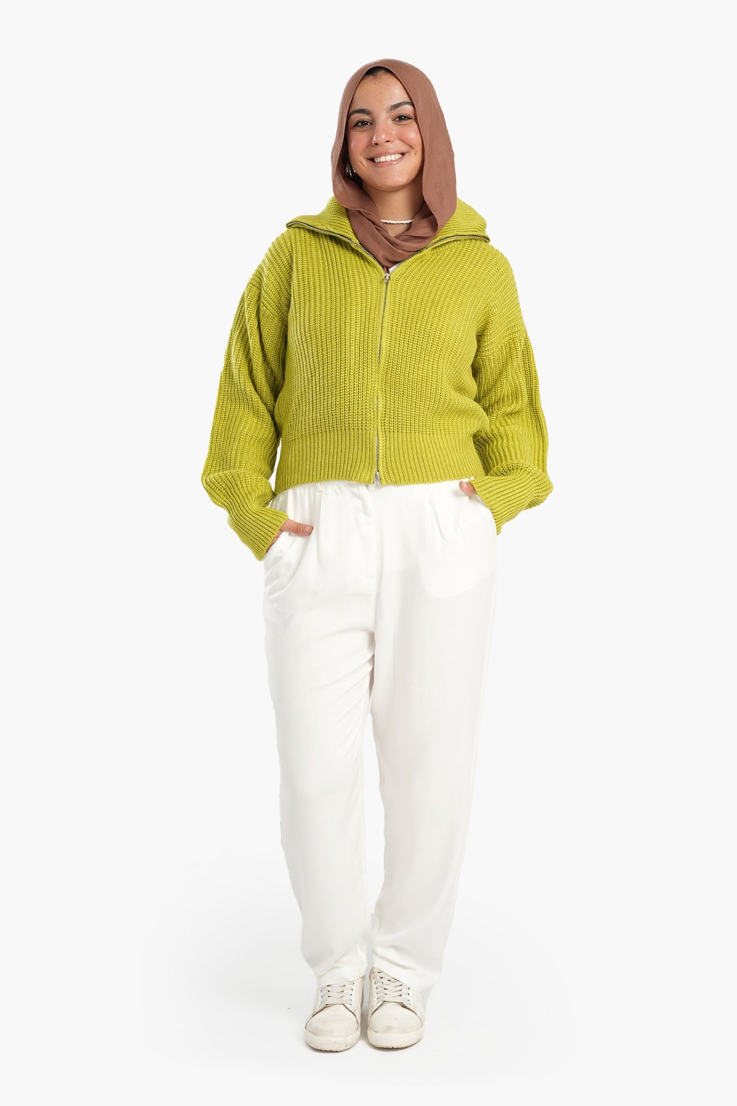 Lime Front Zipper Knitted Sweater