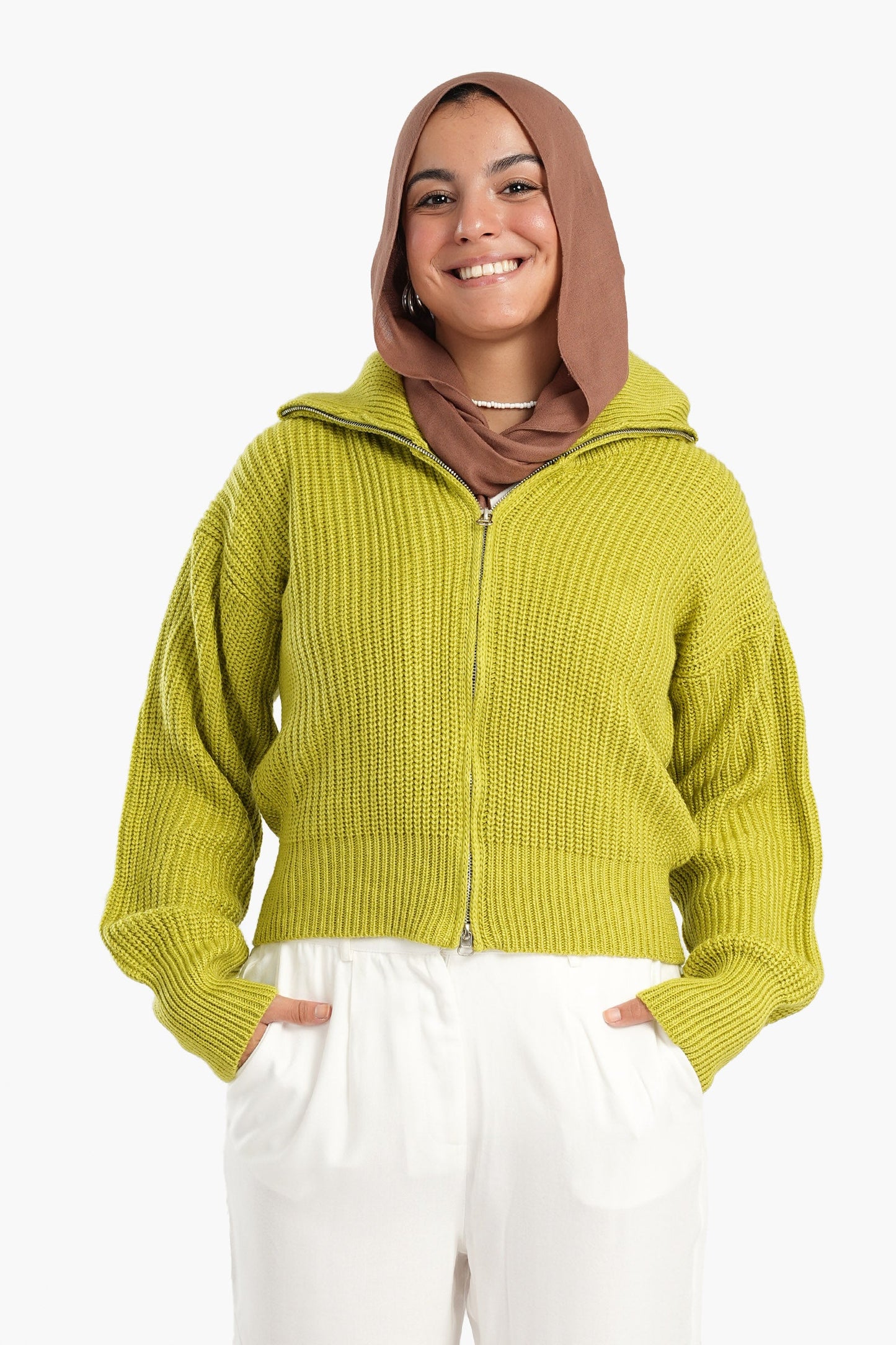 Lime Front Zipper Knitted Sweater