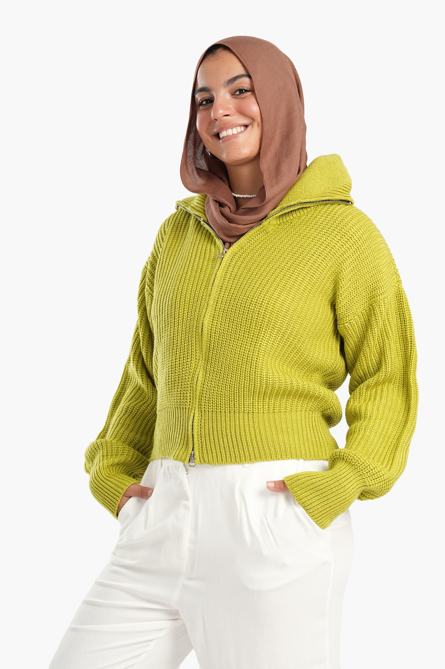 Lime Front Zipper Knitted Sweater