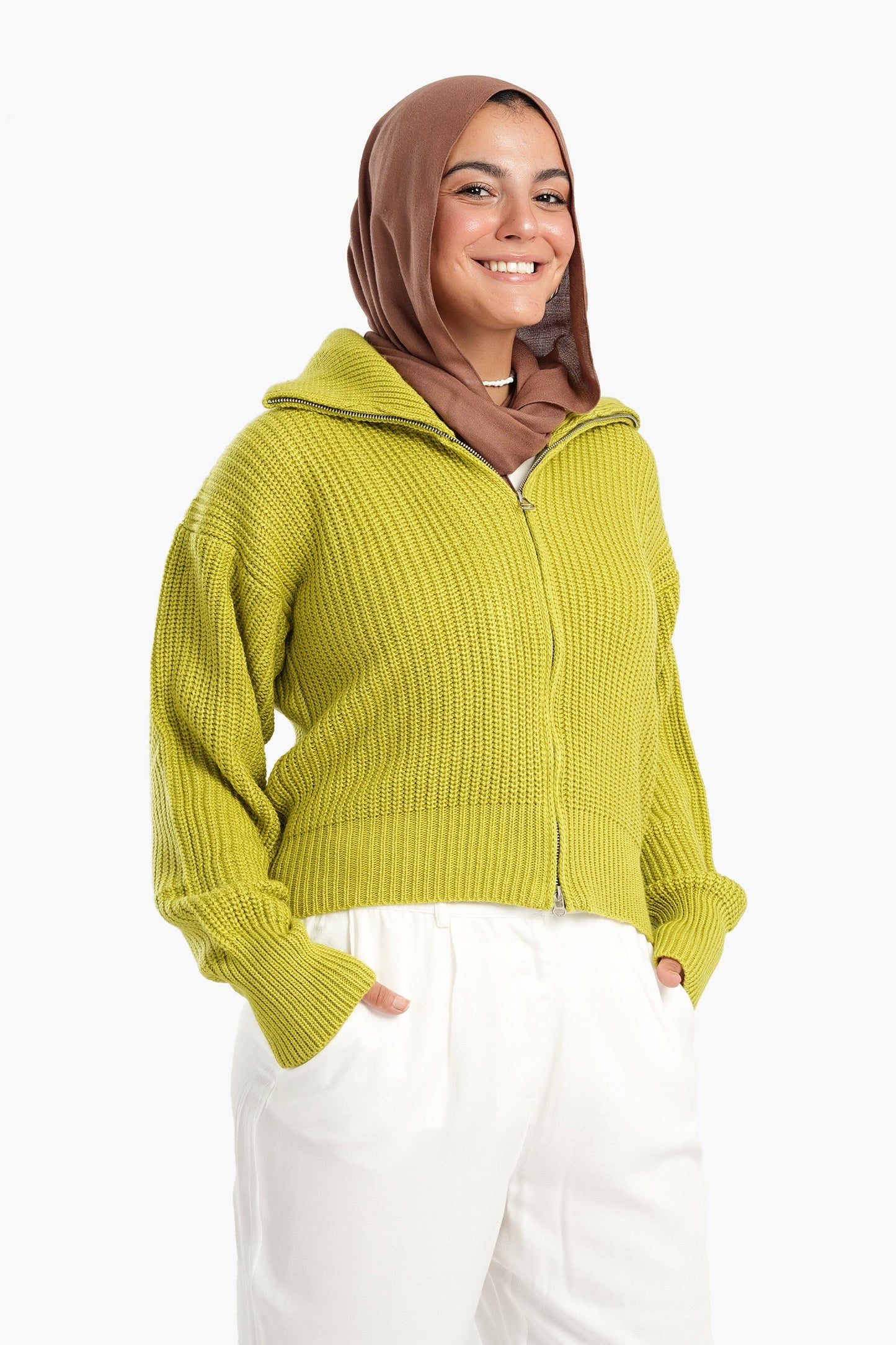 Lime Front Zipper Knitted Sweater