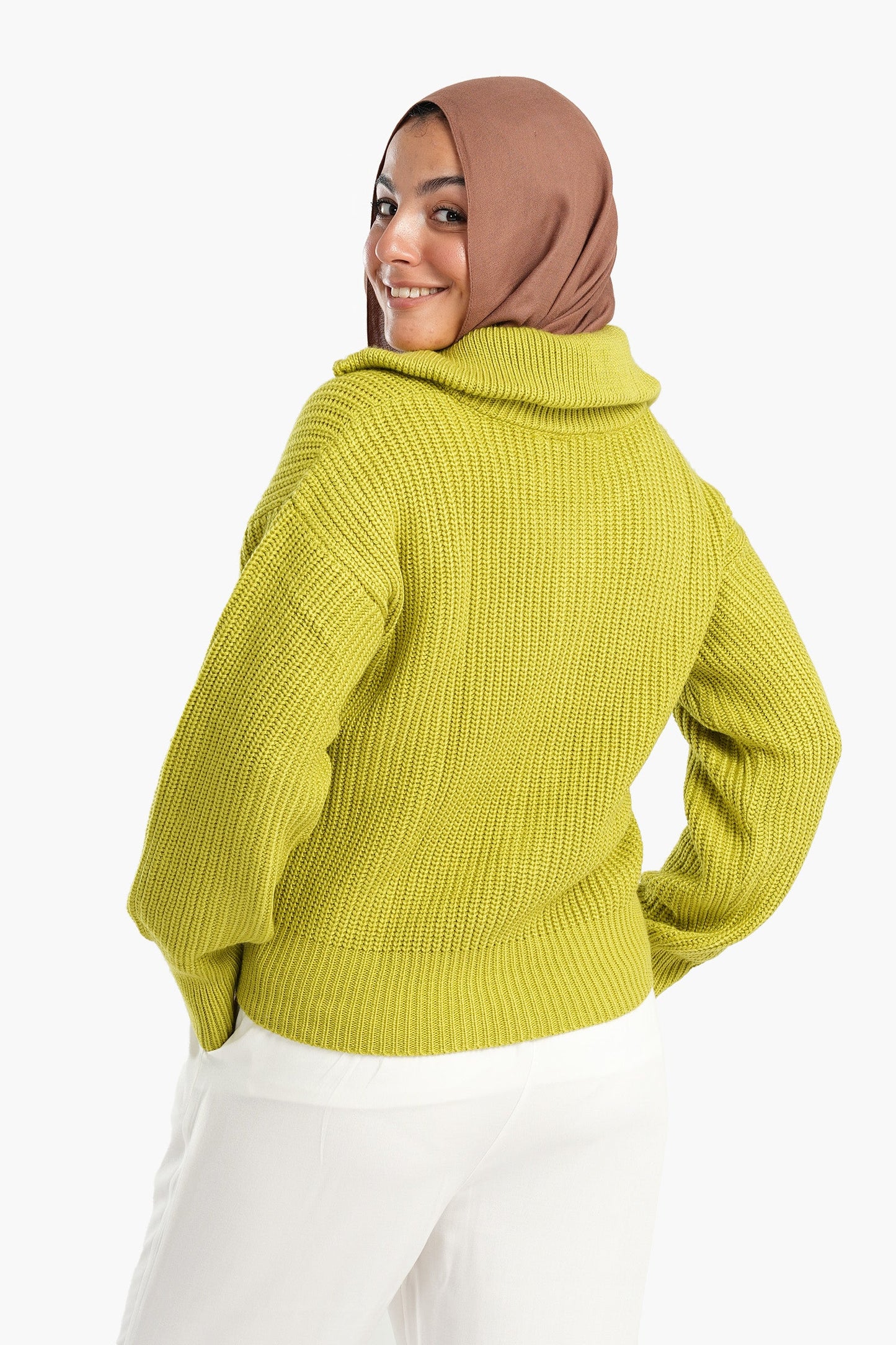 Lime Front Zipper Knitted Sweater