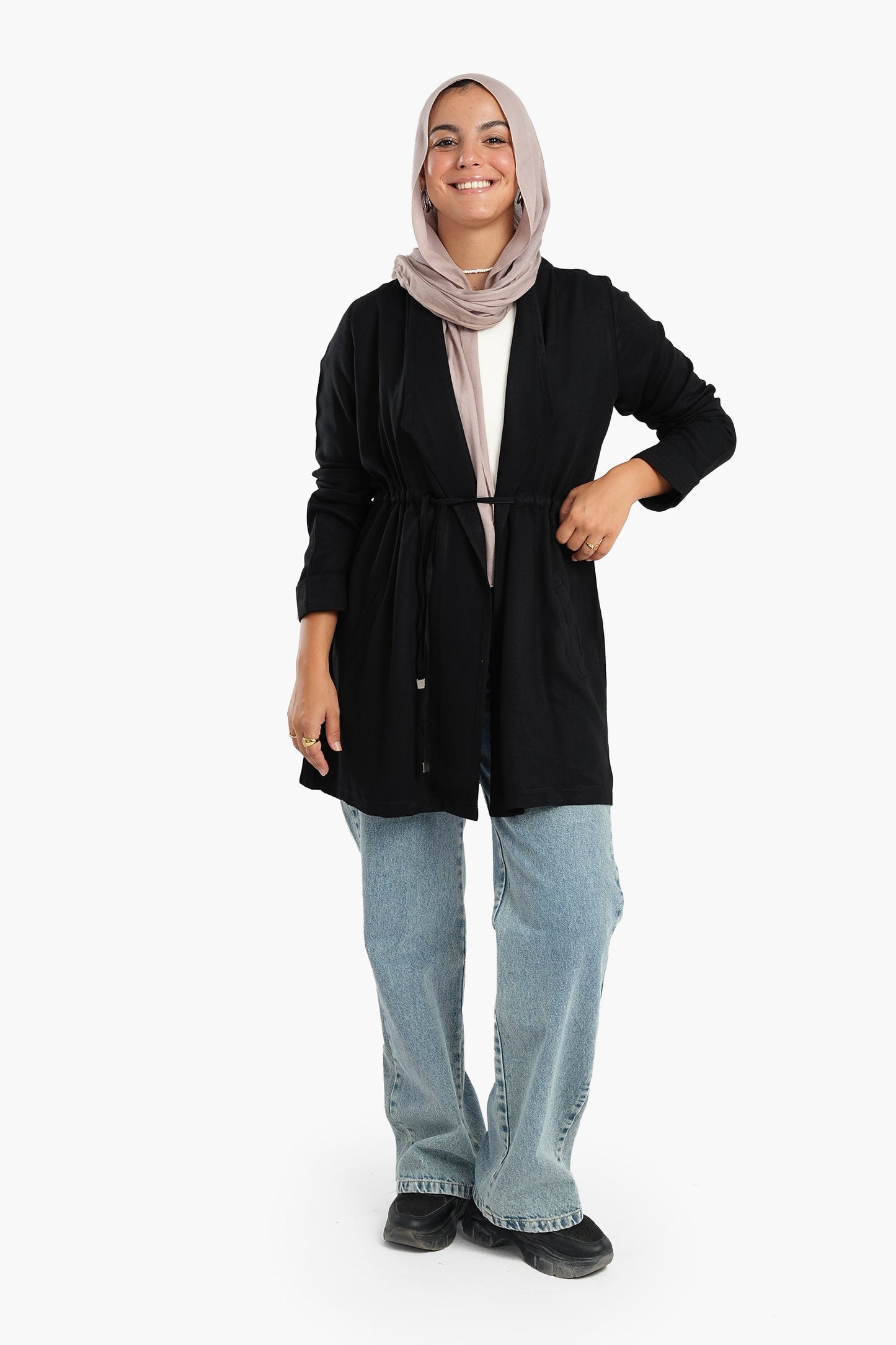 Flat Collar Jacket with Drawstring Waist