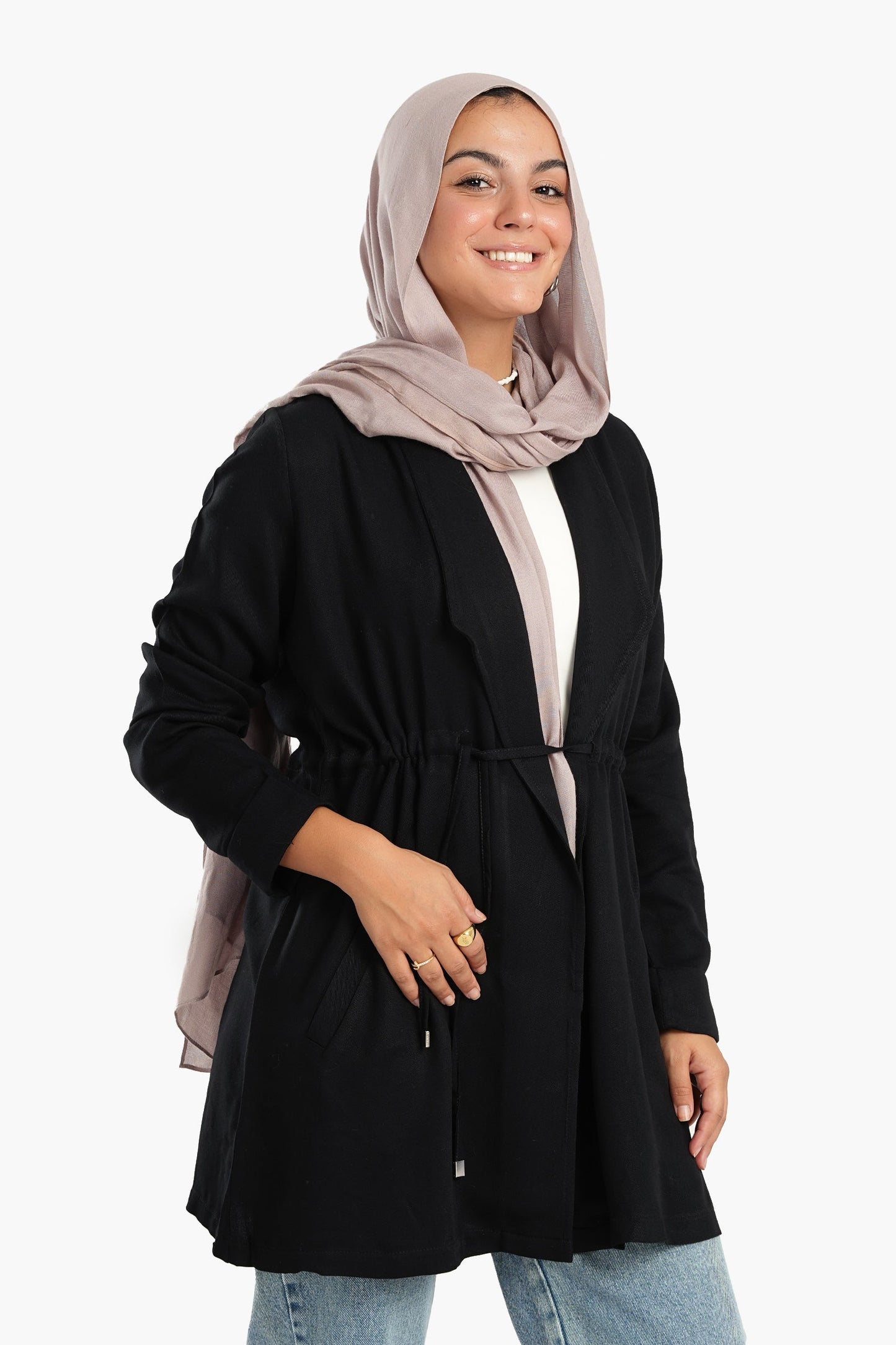 Flat Collar Jacket with Drawstring Waist