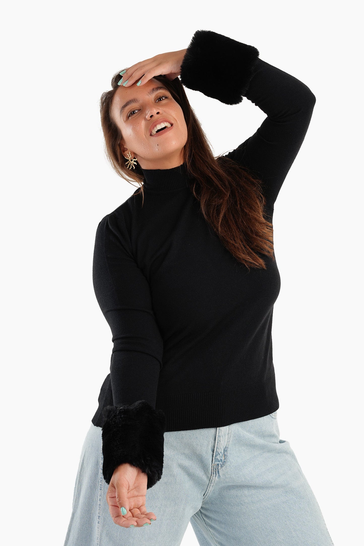 Pullover with Faux Fur Cuffs