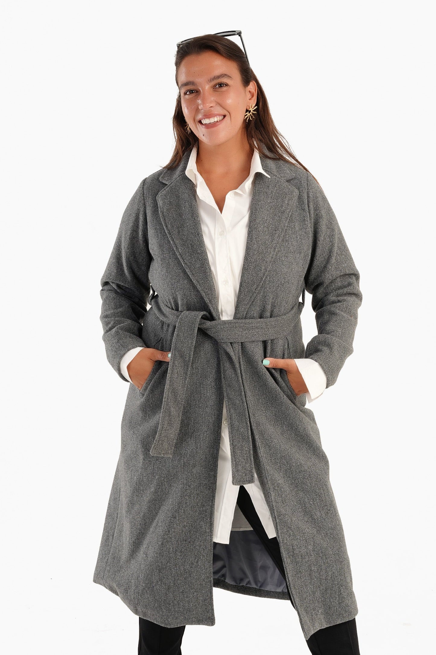 Heather Dark Gray Coat with Tie-Belt