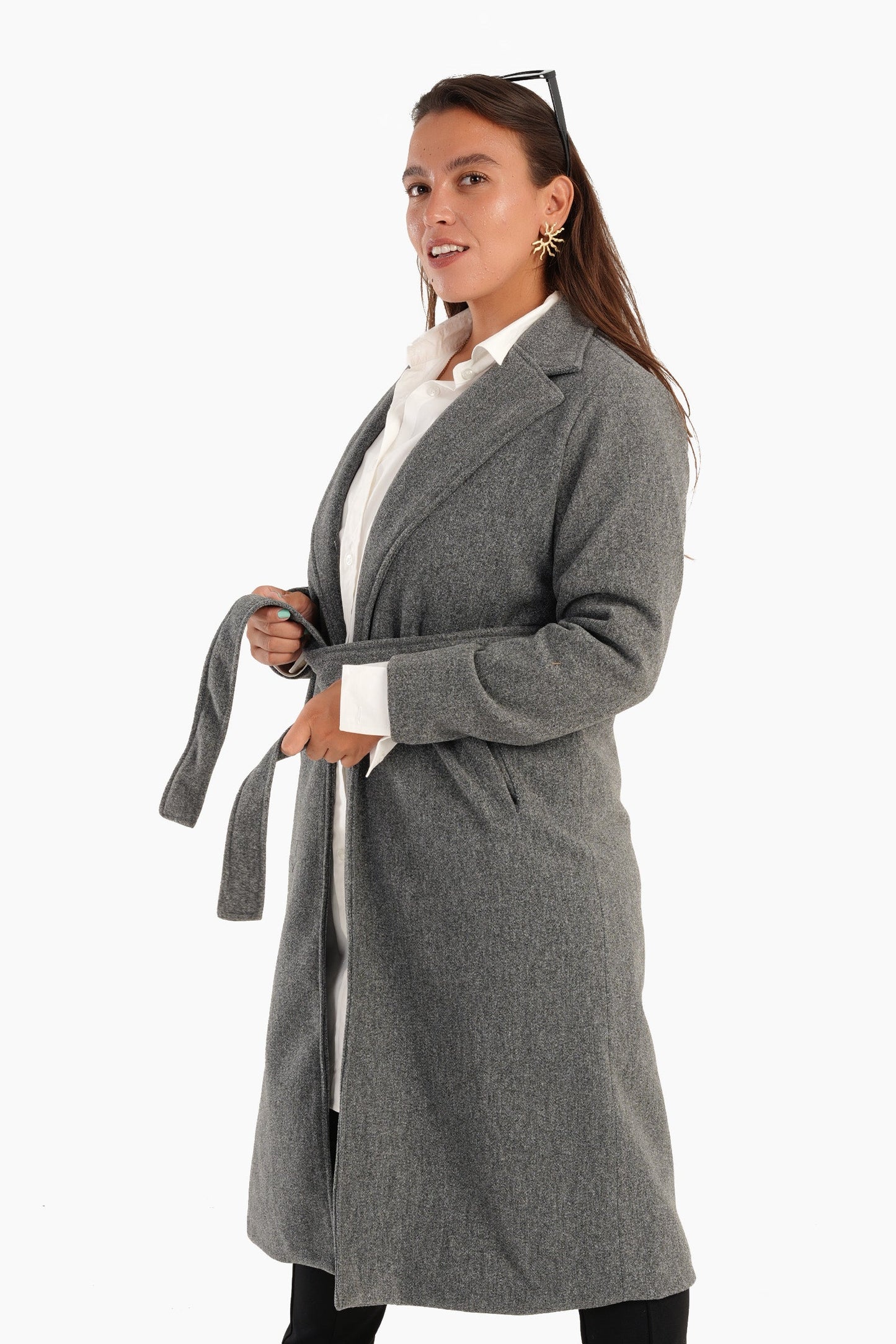 Heather Dark Gray Coat with Tie-Belt