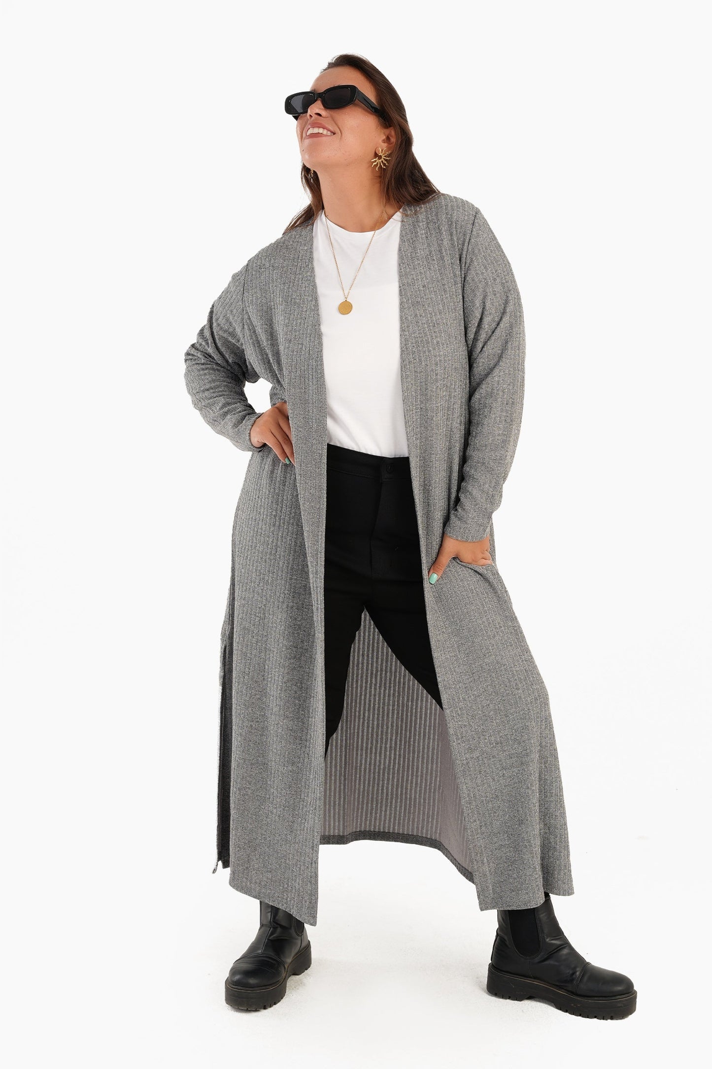 Ribbed Long Open Front Cardigan