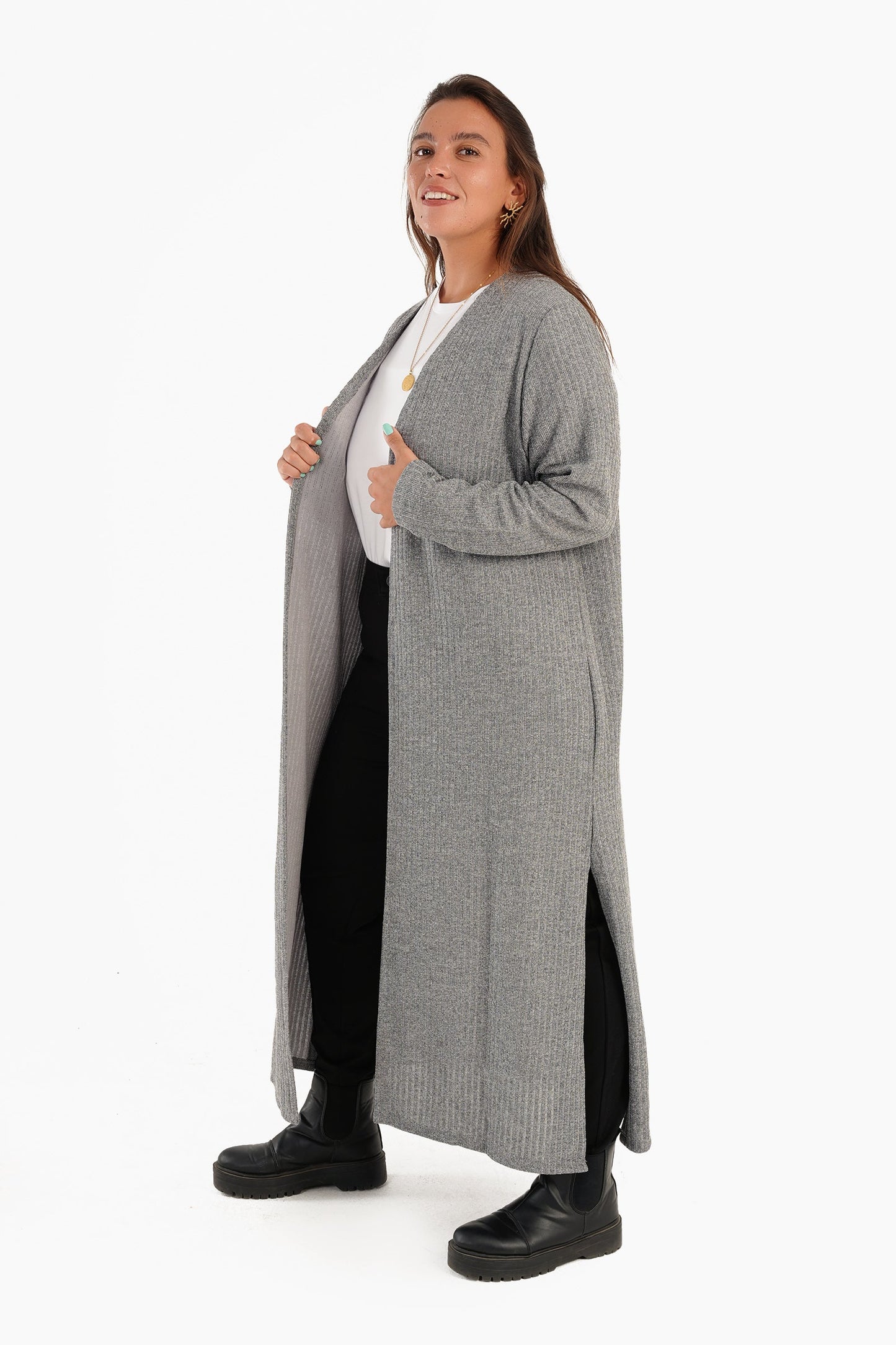 Ribbed Long Open Front Cardigan