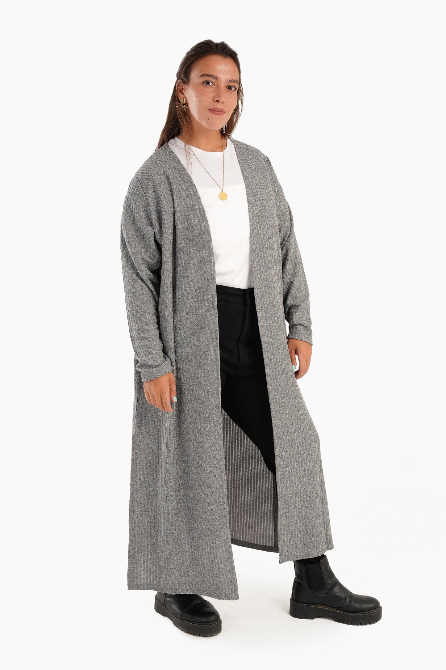 Ribbed Long Open Front Cardigan