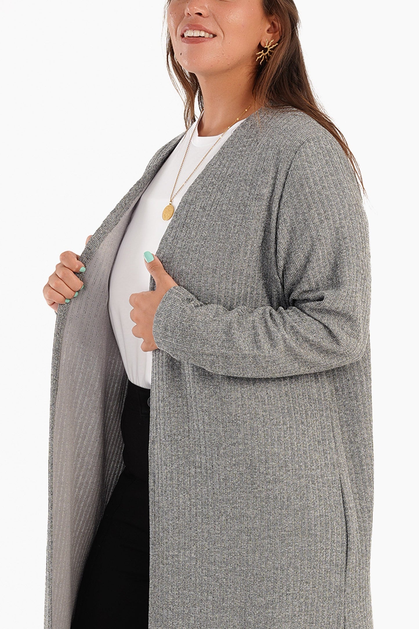 Ribbed Long Open Front Cardigan