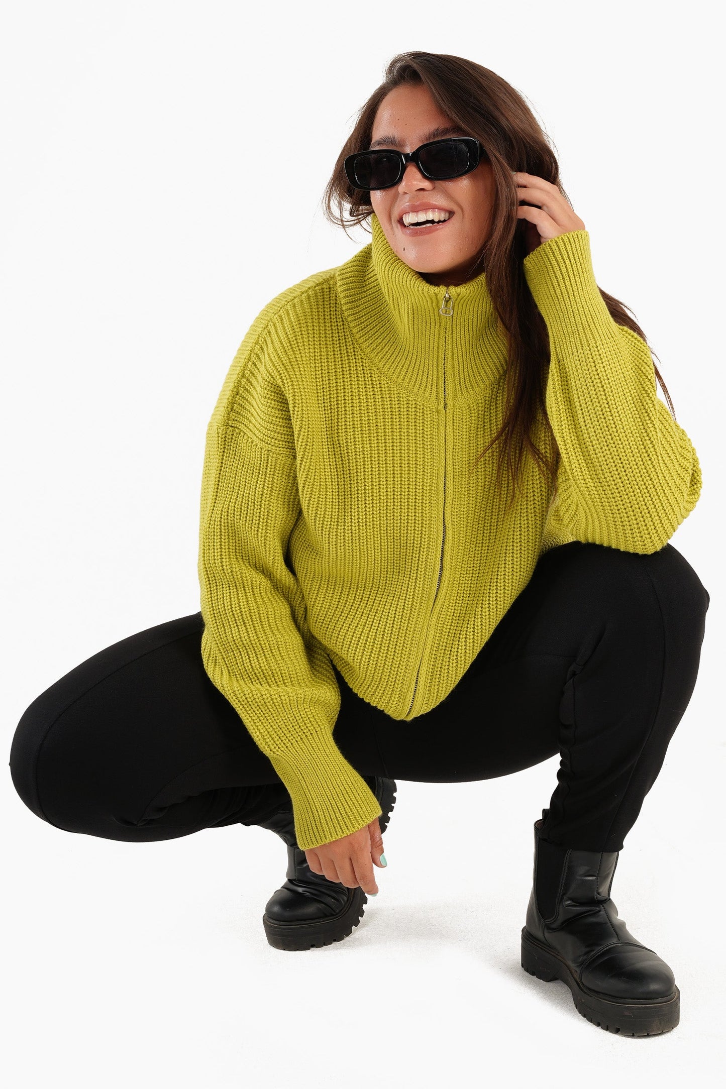 Lime Front Zipper Knitted Sweater