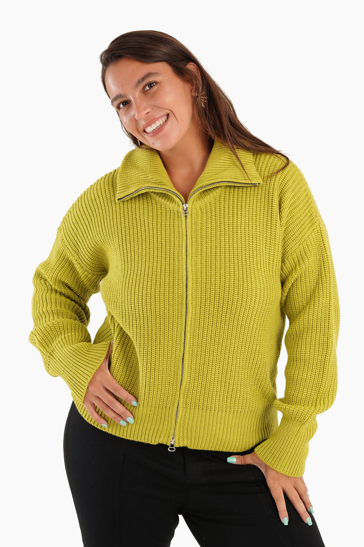 Lime Front Zipper Knitted Sweater