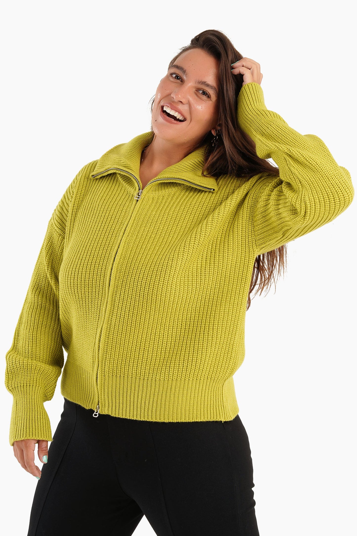 Lime Front Zipper Knitted Sweater