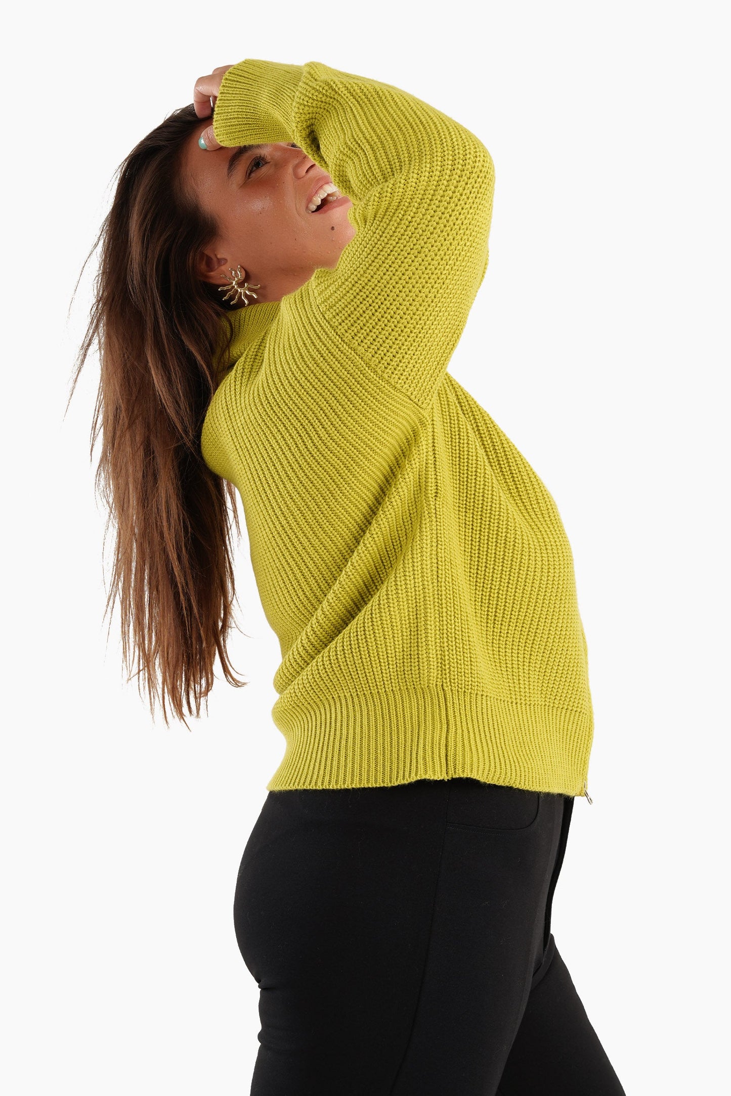 Lime Front Zipper Knitted Sweater