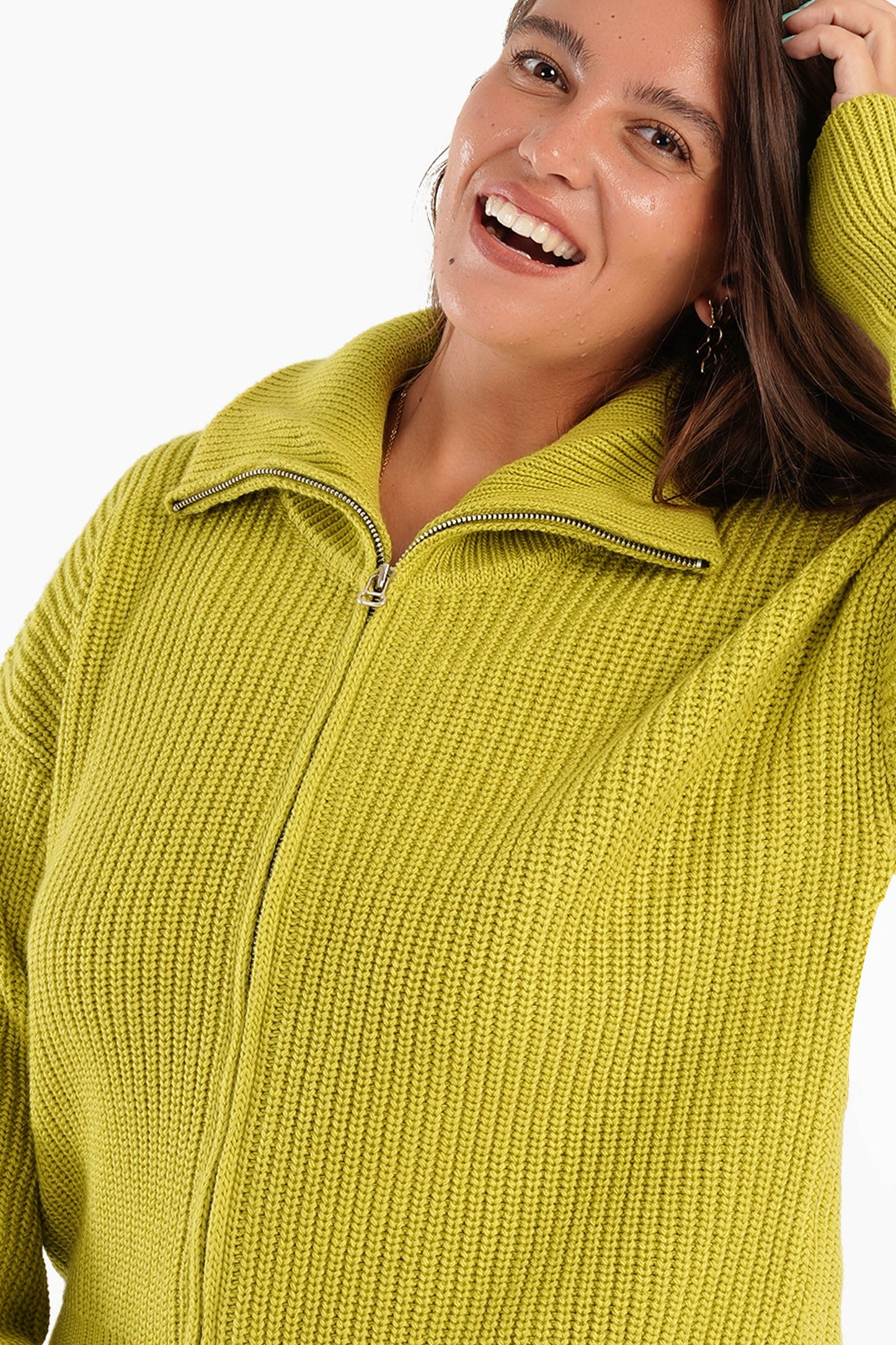 Lime Front Zipper Knitted Sweater