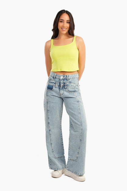 بلوزة مضلعة قصيرة باللون الليموني