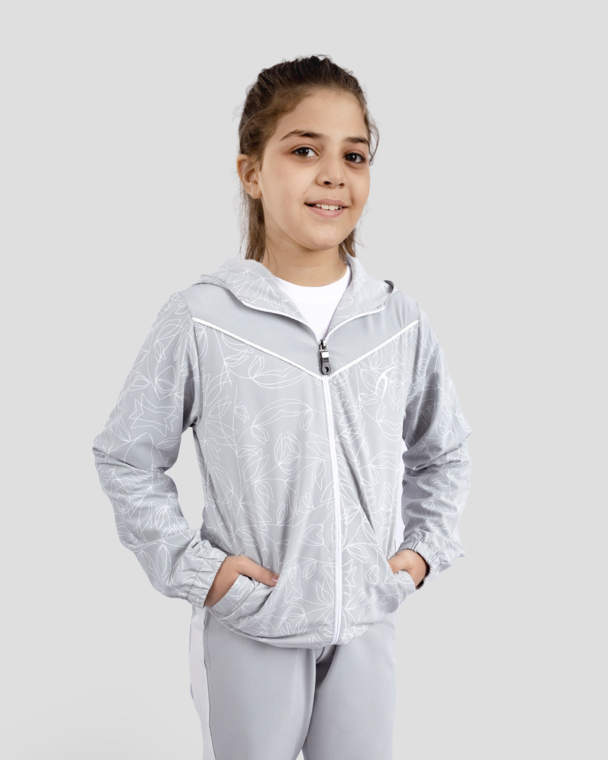 Gray Printed Hooded Jacket for Girls