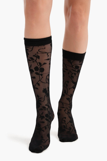 Black Flowery Knee High Socks