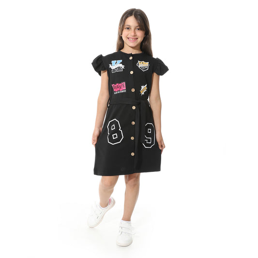 Buttoned Printed Dress with Waist Belt for Girls