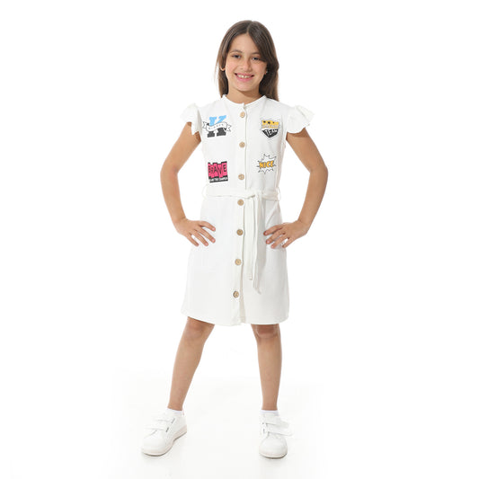Buttoned Printed Dress with Waist Belt for Girls