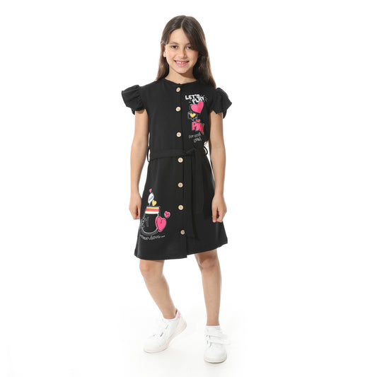 Printed Midi Dress with Waist Belt for Girls