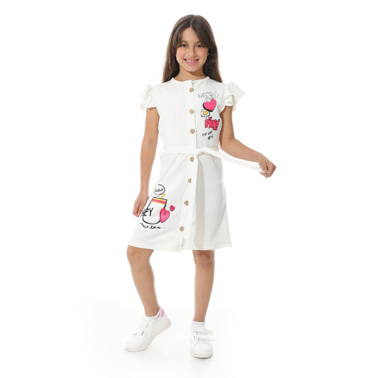 Printed Midi Dress with Waist Belt for Girls