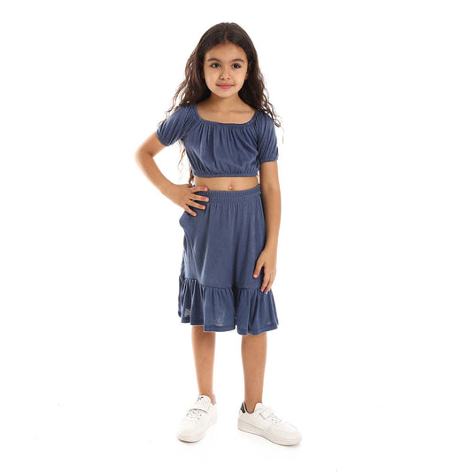 Girls Solid Puffed Short Sleeves Set