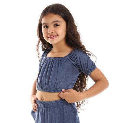 Girls Solid Puffed Short Sleeves Set