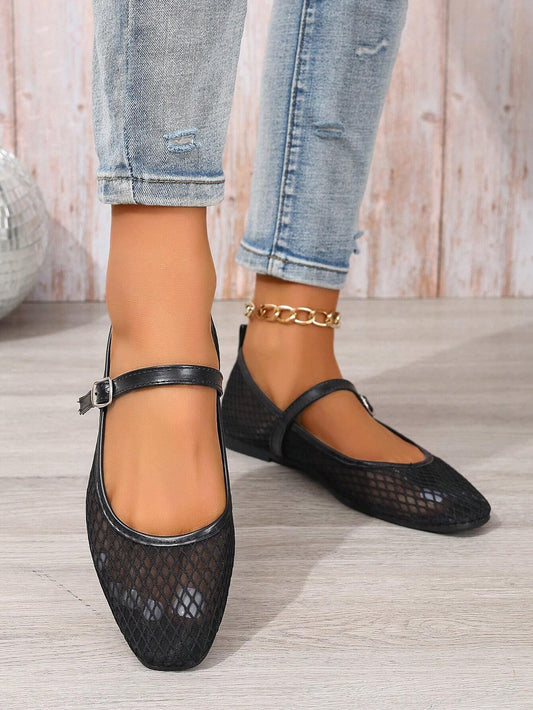 Black Mesh Flat Shoes with Front Buckle